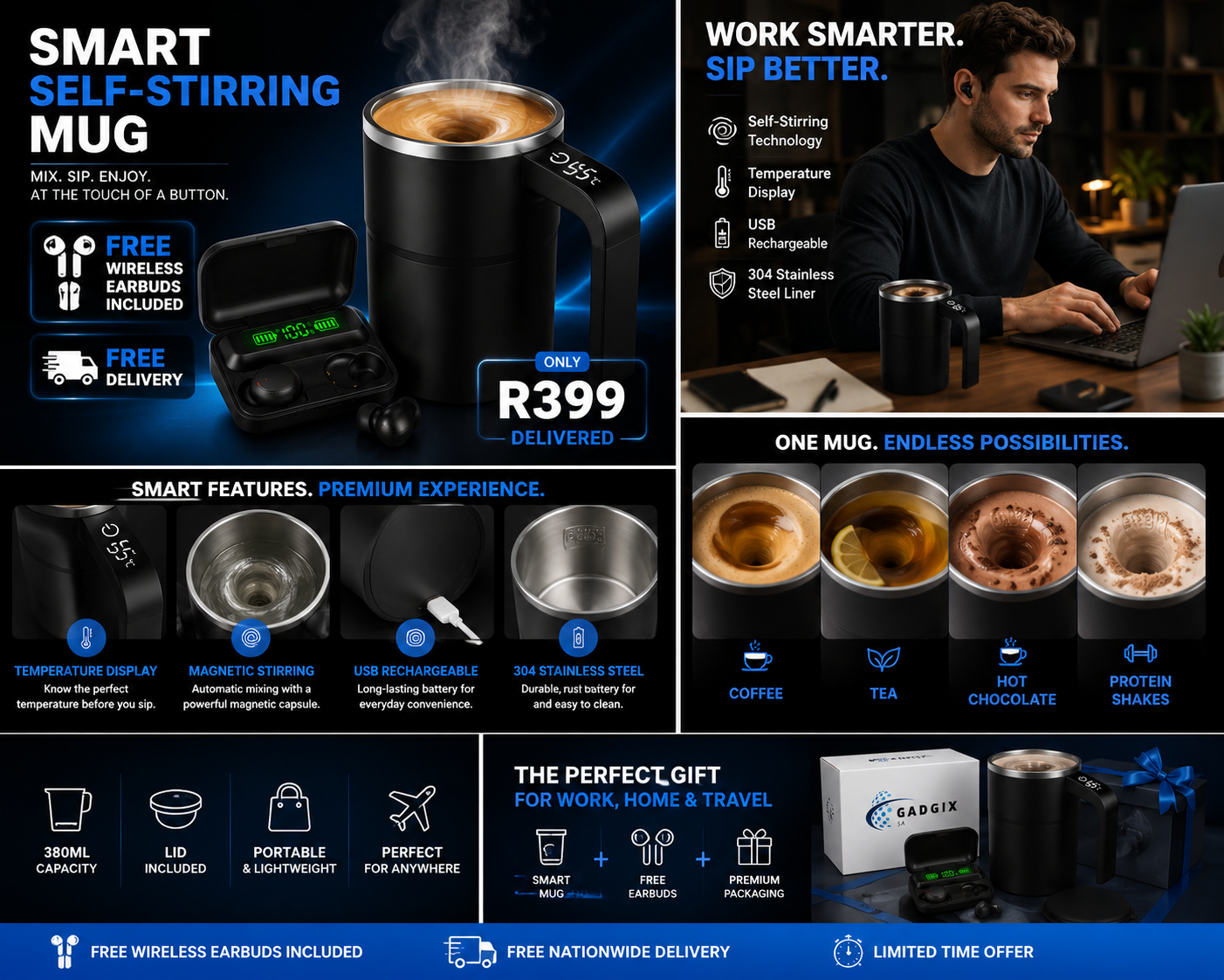 Gadgix SA™ Self-Stirring Mug + FREE Wireless Earbuds