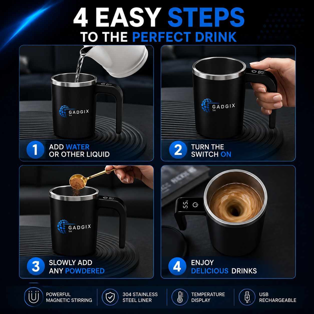 Gadgix SA™ Self-Stirring Mug + FREE Wireless Earbuds