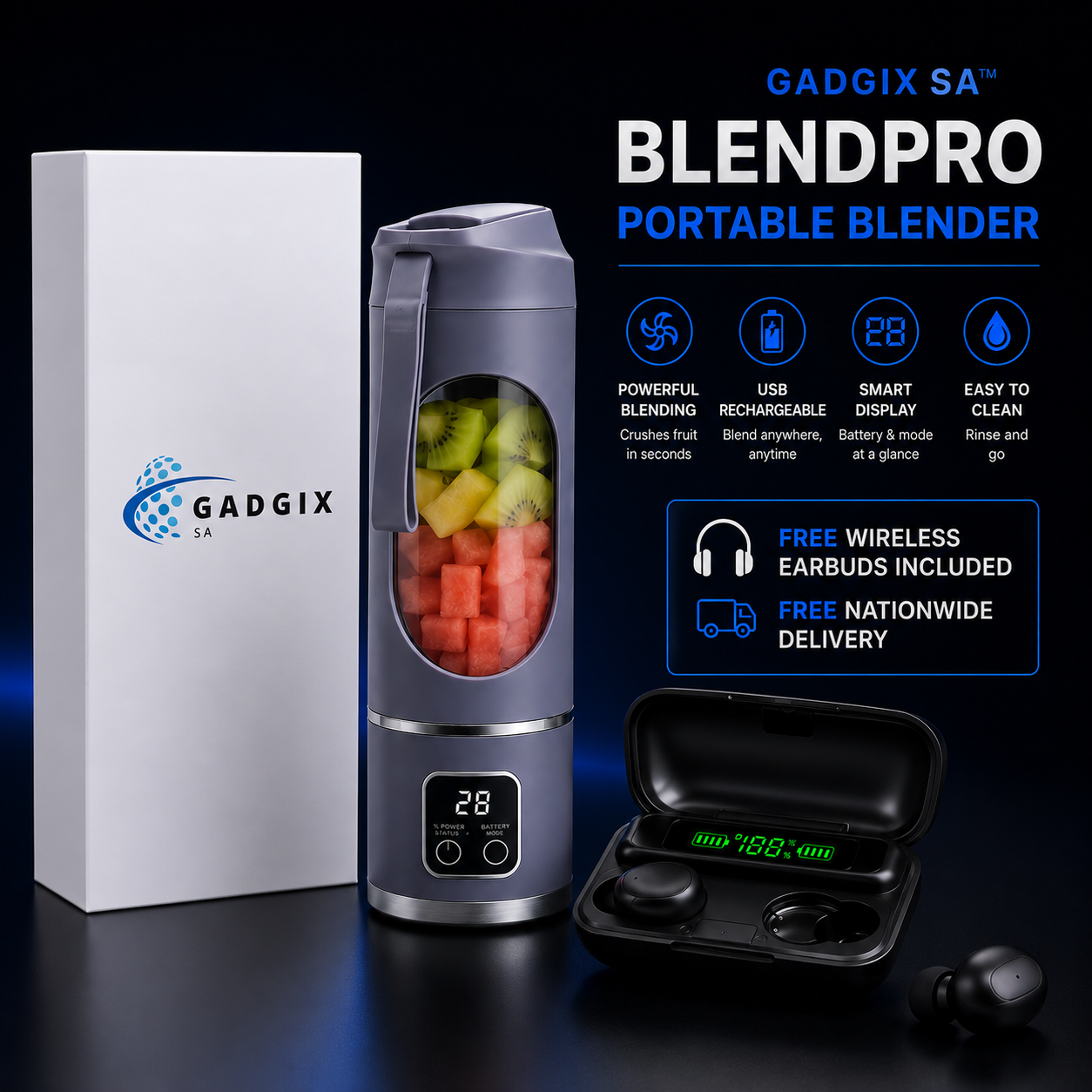 Gadgix SA™ BlendPro Portable Blender + FREE Wireless Earbuds