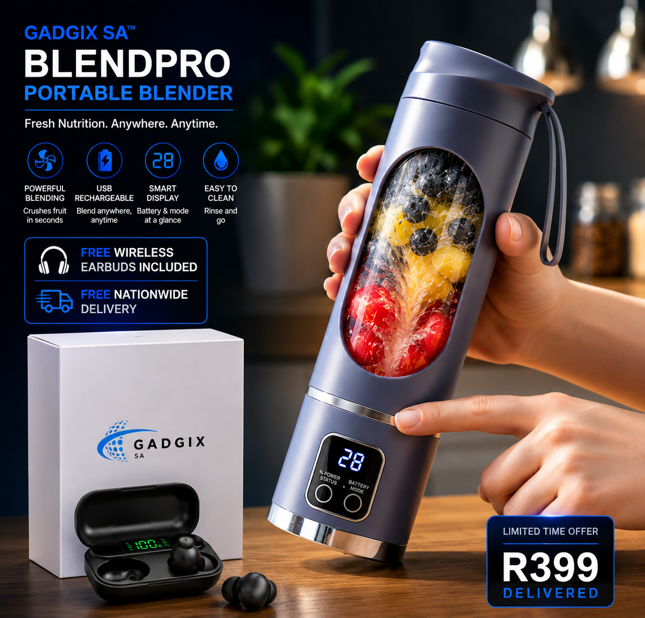Gadgix SA™ BlendPro Portable Blender + FREE Wireless Earbuds